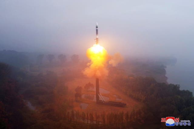 <p> A photo released by the official North Korean Central News Agency (KCNA) shows North Korea conducting a test fire of its latest ICBM, Hwasongpho-19, at an undisclosed location in North Korea</p>