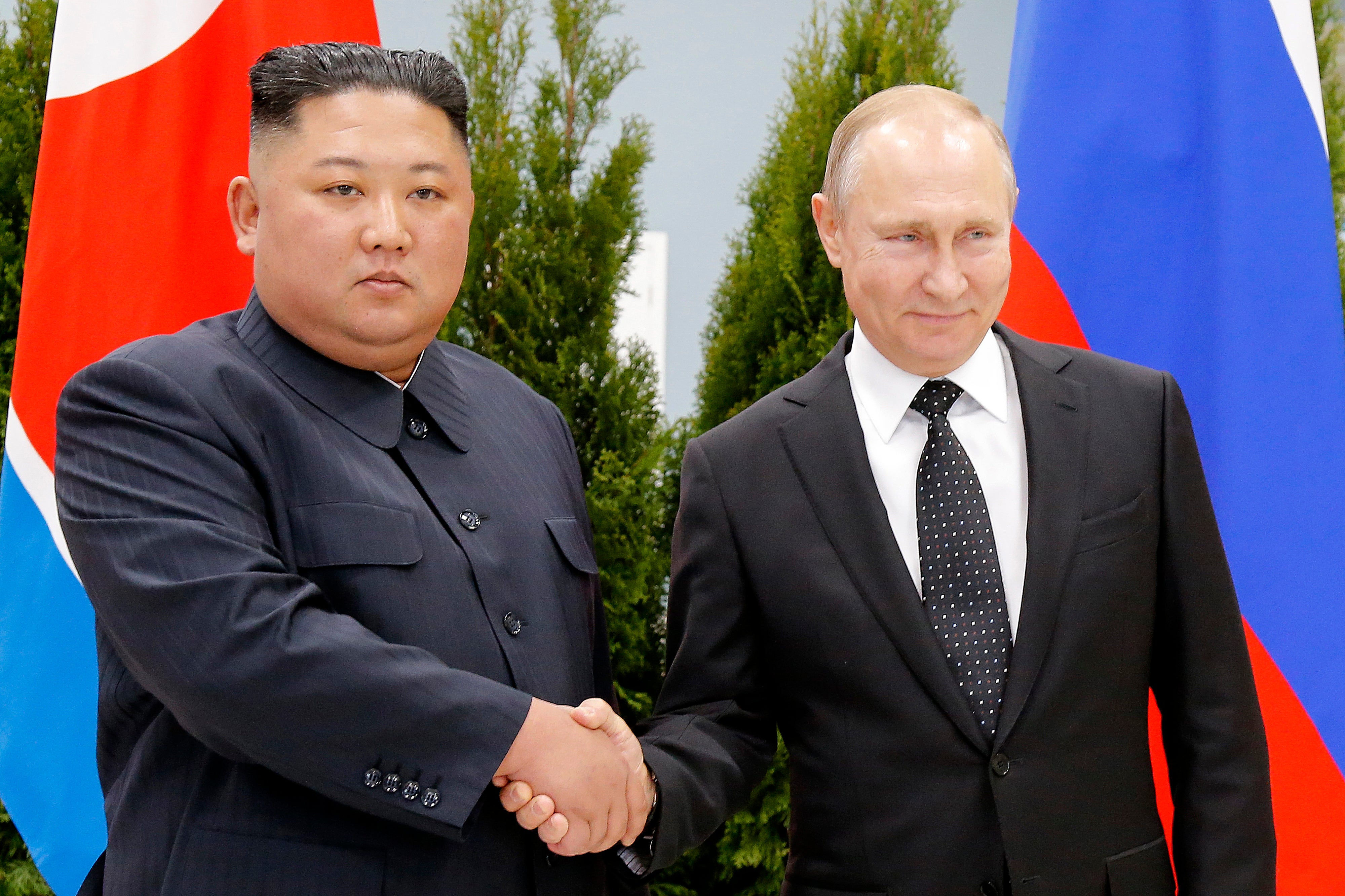 <p>Vladimir Putin and Kim Jong Un in Vladivostok in 2019 </p>