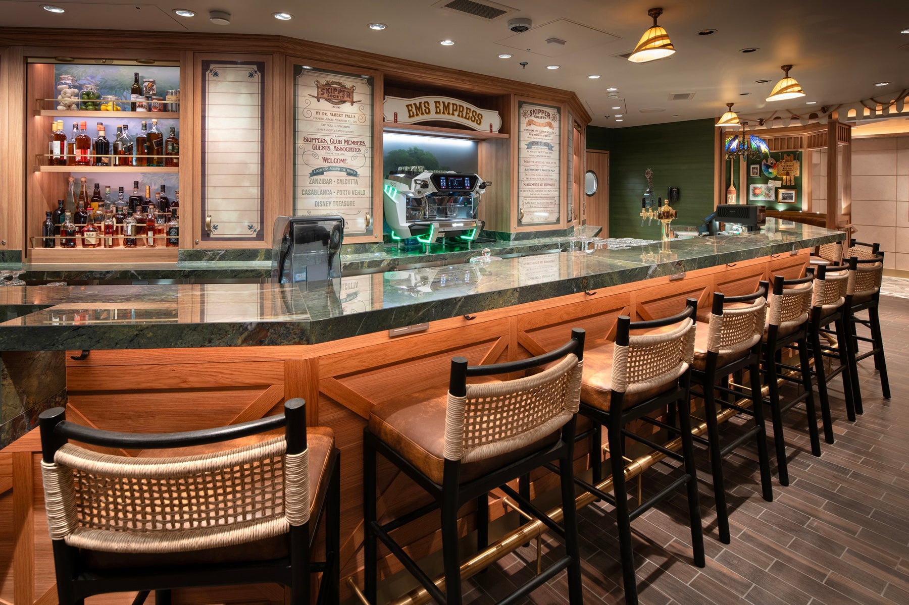 Take a seat in the Skipper Society bar for a jungle-themed experience