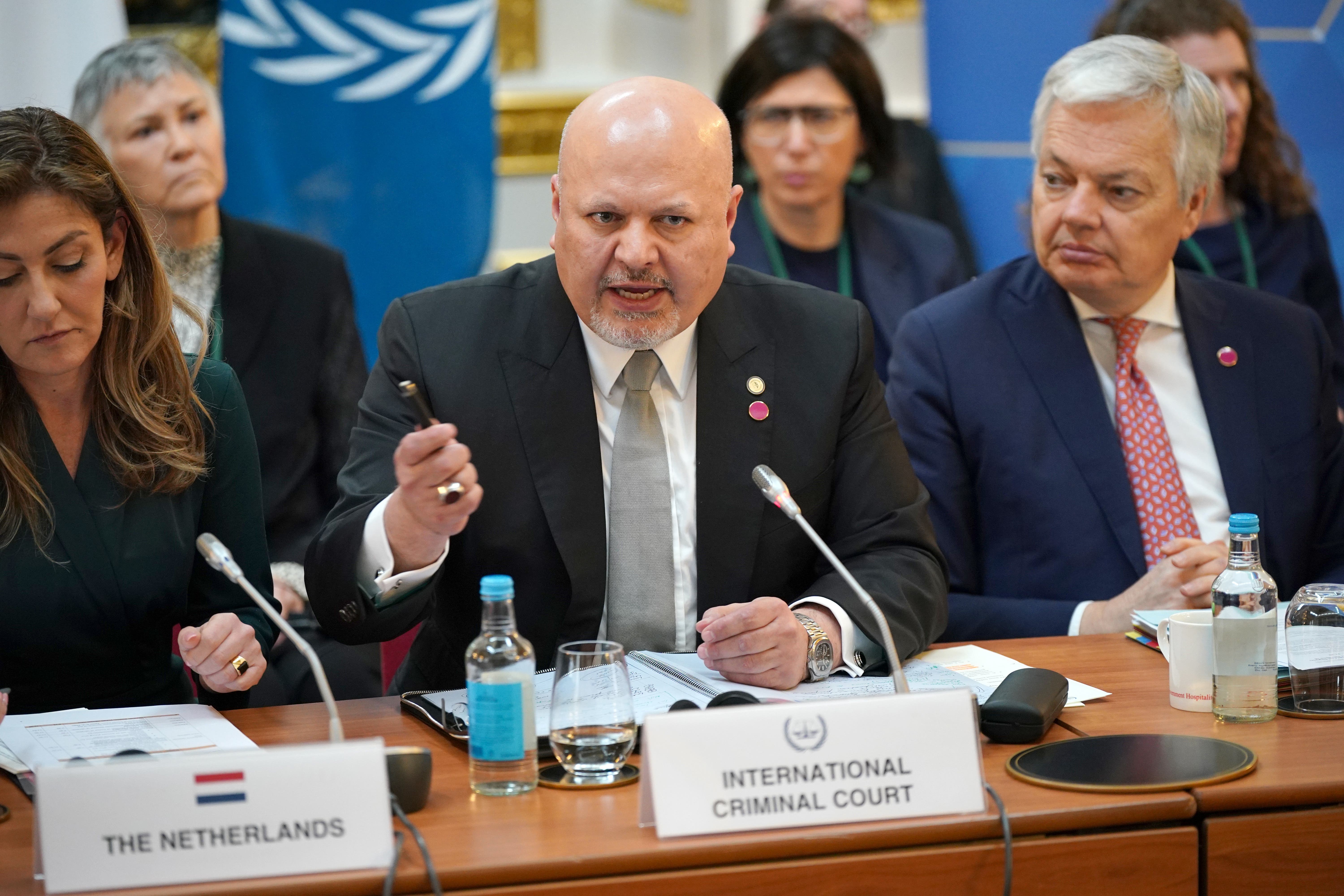 Prosecutor of the International Criminal Court Karim Khan (centre) speaks during the justice ministers’ conference in London (Yui Mok/PA)