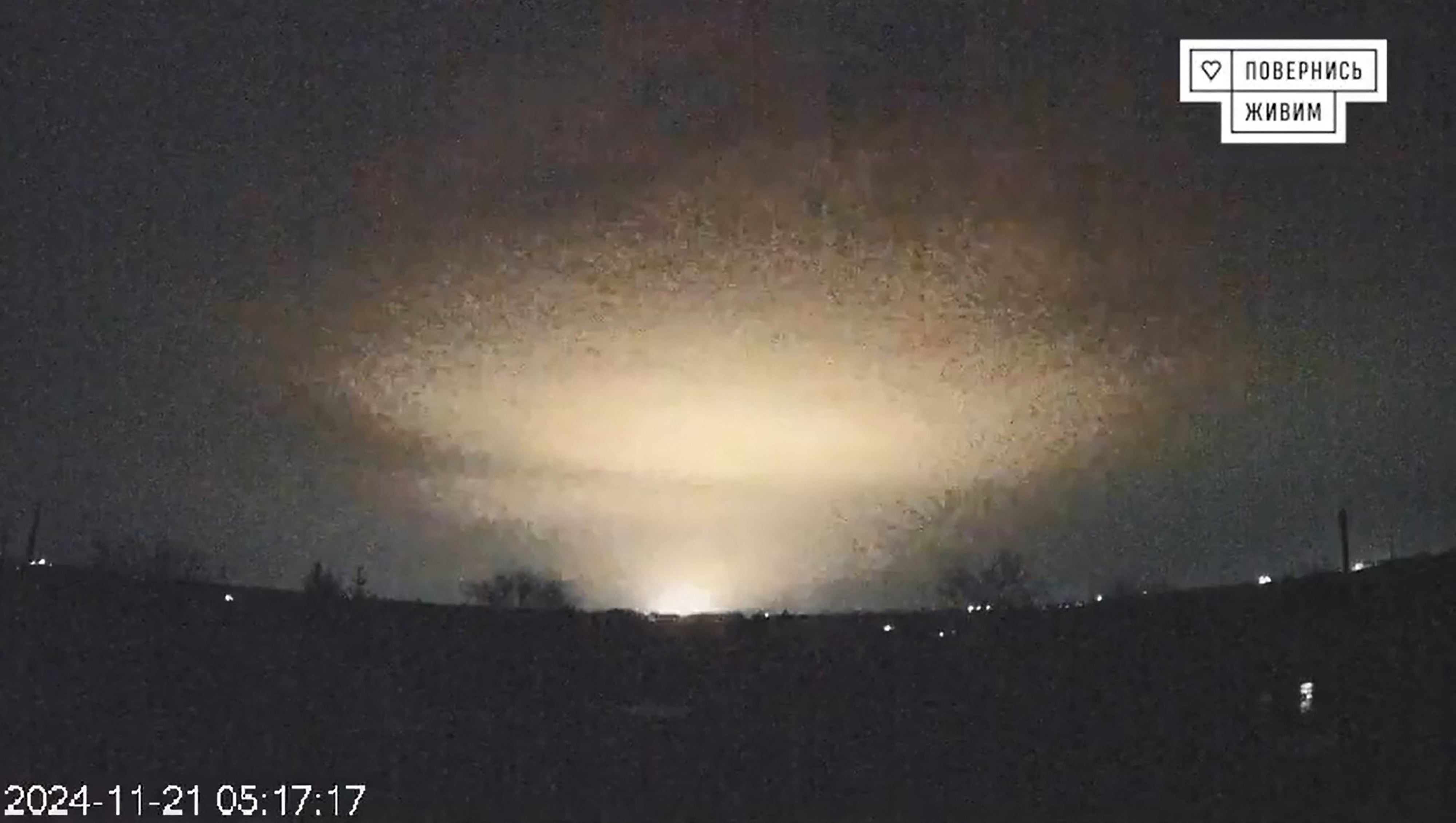 Flashes after the missile strike on Dnipro in Ukraine