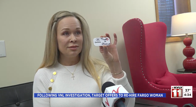 <p>Denise Kendrick, a former Target store employee in Fargo, North Dakota, said she was fired for writing ‘trust in Jesus' on her name tag</p>