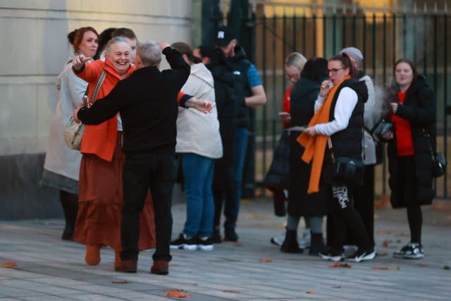 Family and friends of Ian Ogle outside Laganside Courts, Belfast, after Walter Ervine, Glenn Rainey and Robert Spiers were found guilty of Ian’s murder in Belfast in January 2019 (Liam McBurney/PA)