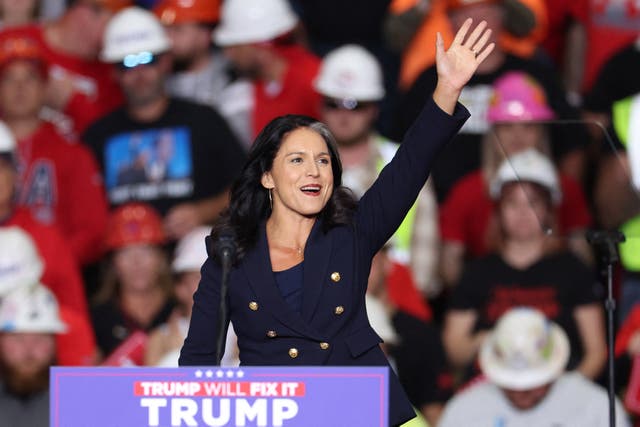 <p>Former US Representative Tulsi Gabbard waves as she arrives to speak during a campaign rally for former US President and Republican presidential candidate Donald Trump at PPG Paints Arena in Pittsburgh, Pennsylvania, on November 4, 2024</p>