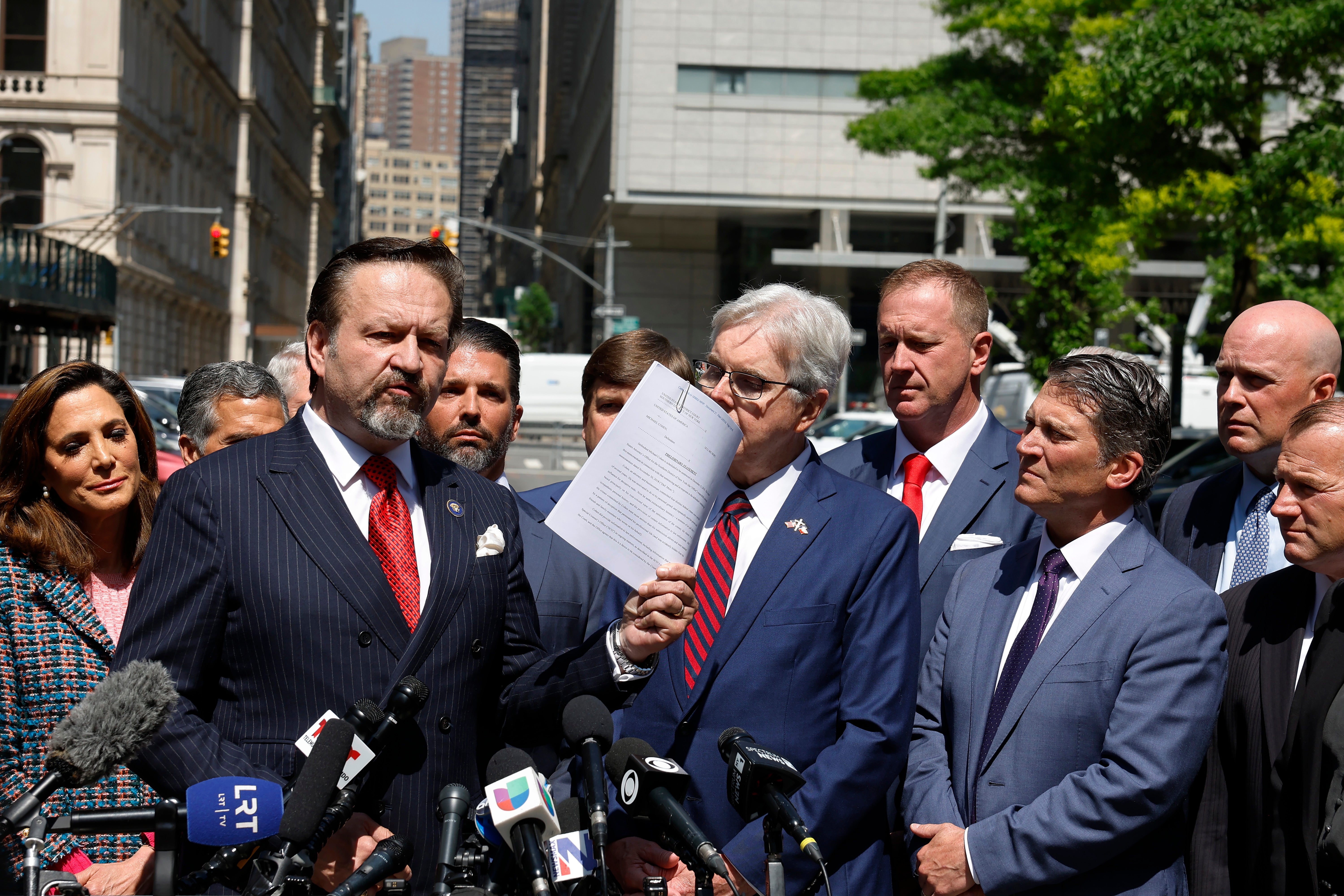 Gorka speaks during a press conference while on a break from Trump's hush money trial outside Manhattan criminal court on May 21. Gorka has been appointed to return to the White House as Trump’s counter terrorism director