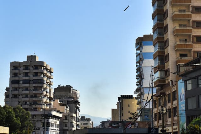 <p>Israeli missile is pictured before hitting a building in Beirut’s southern Shayah neighbourhood in Lebanon </p>