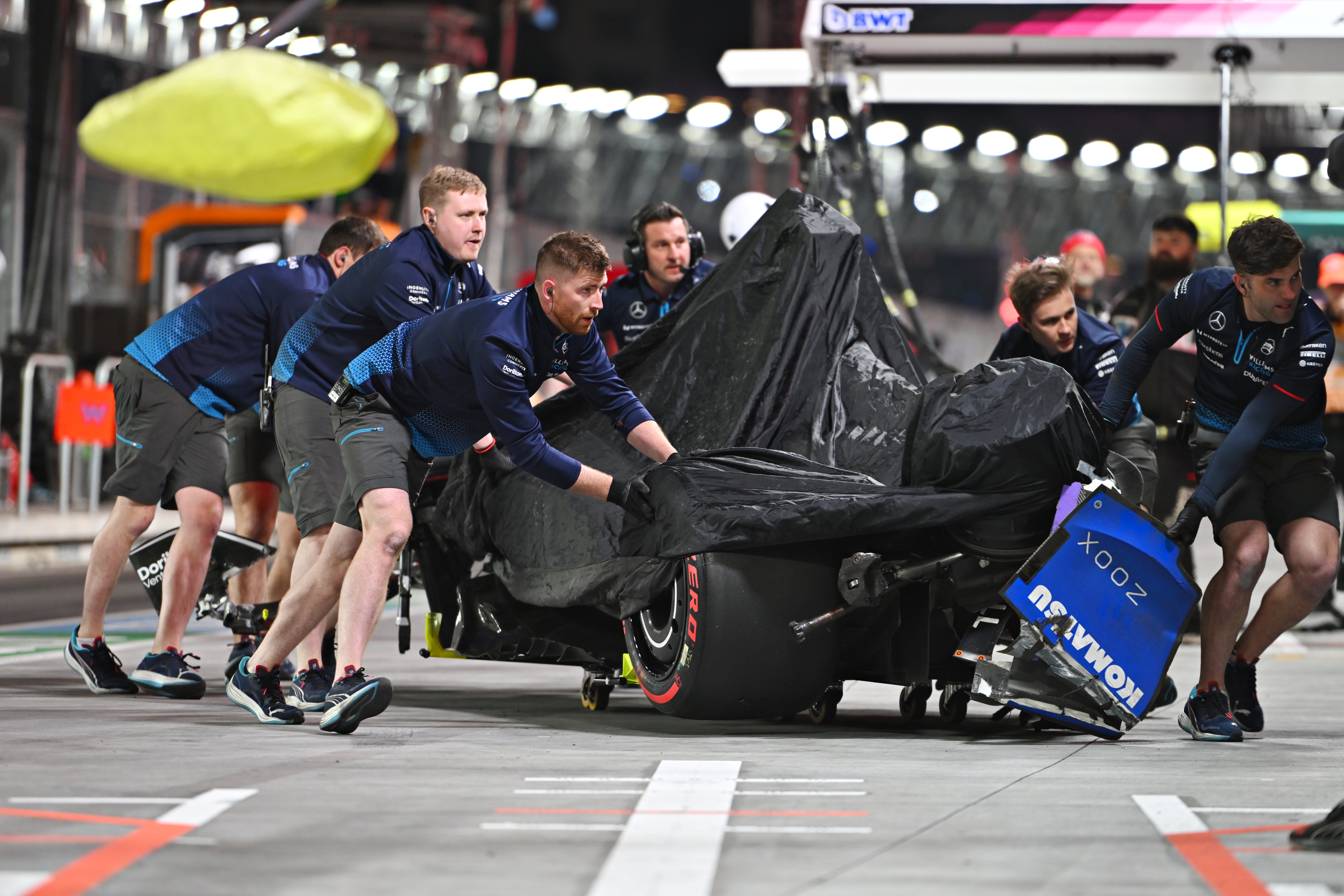 Williams mechanics wheel back Franco Colapinto’s smashed-up car