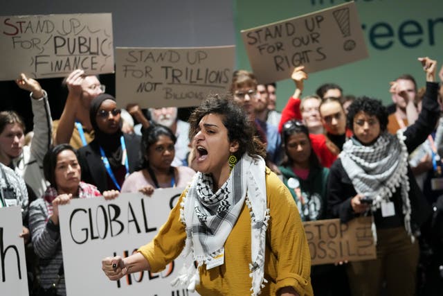 <p>Activists participate in a demonstration for climate finance at the Cop29 UN Climate Summit on Saturday in Baku, Azerbaijan</p>