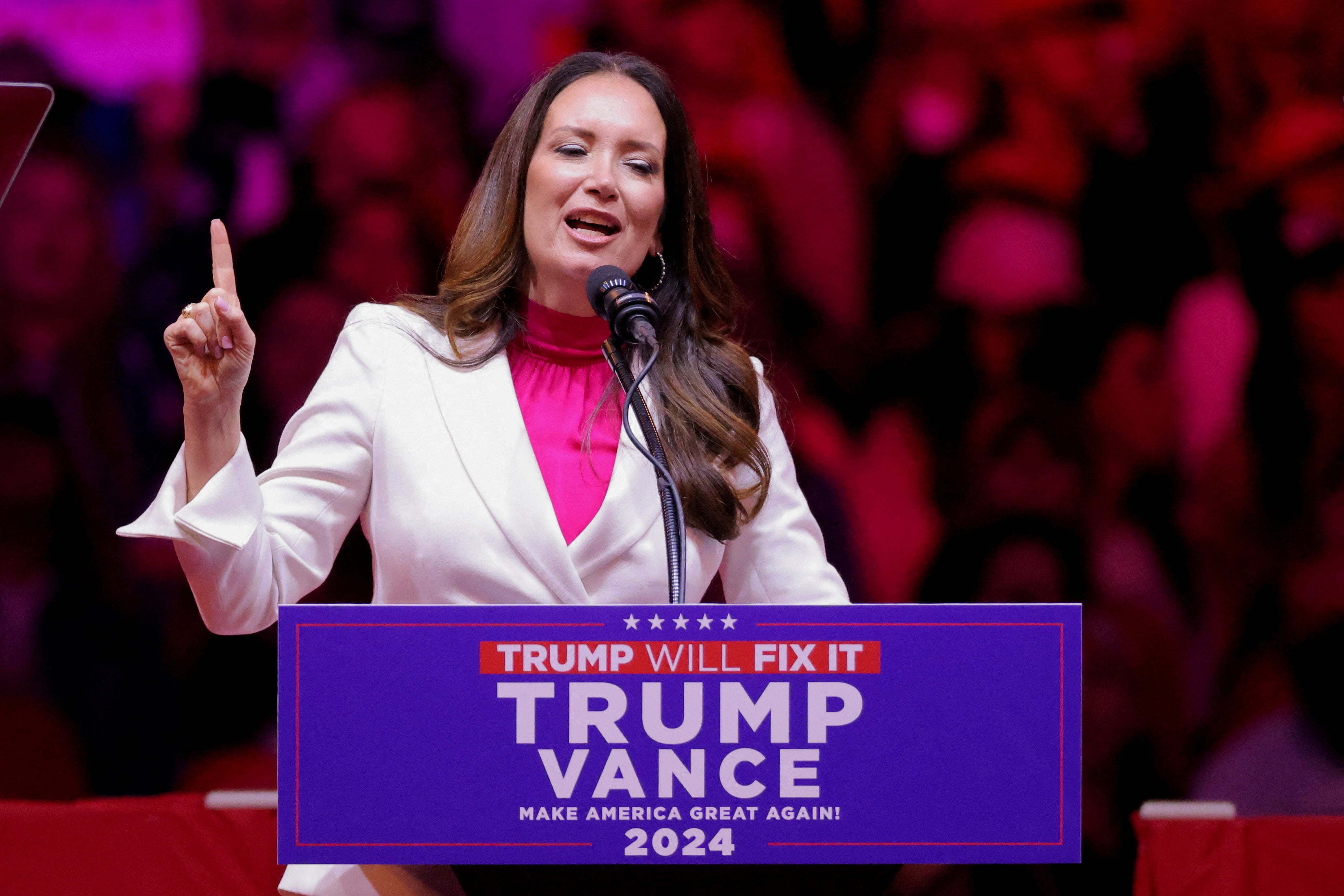 Brooke Rollins, President and CEO of the America First Policy Institute speaks at Donald Trump’s Madison Square Garden rally on October 27, 2024