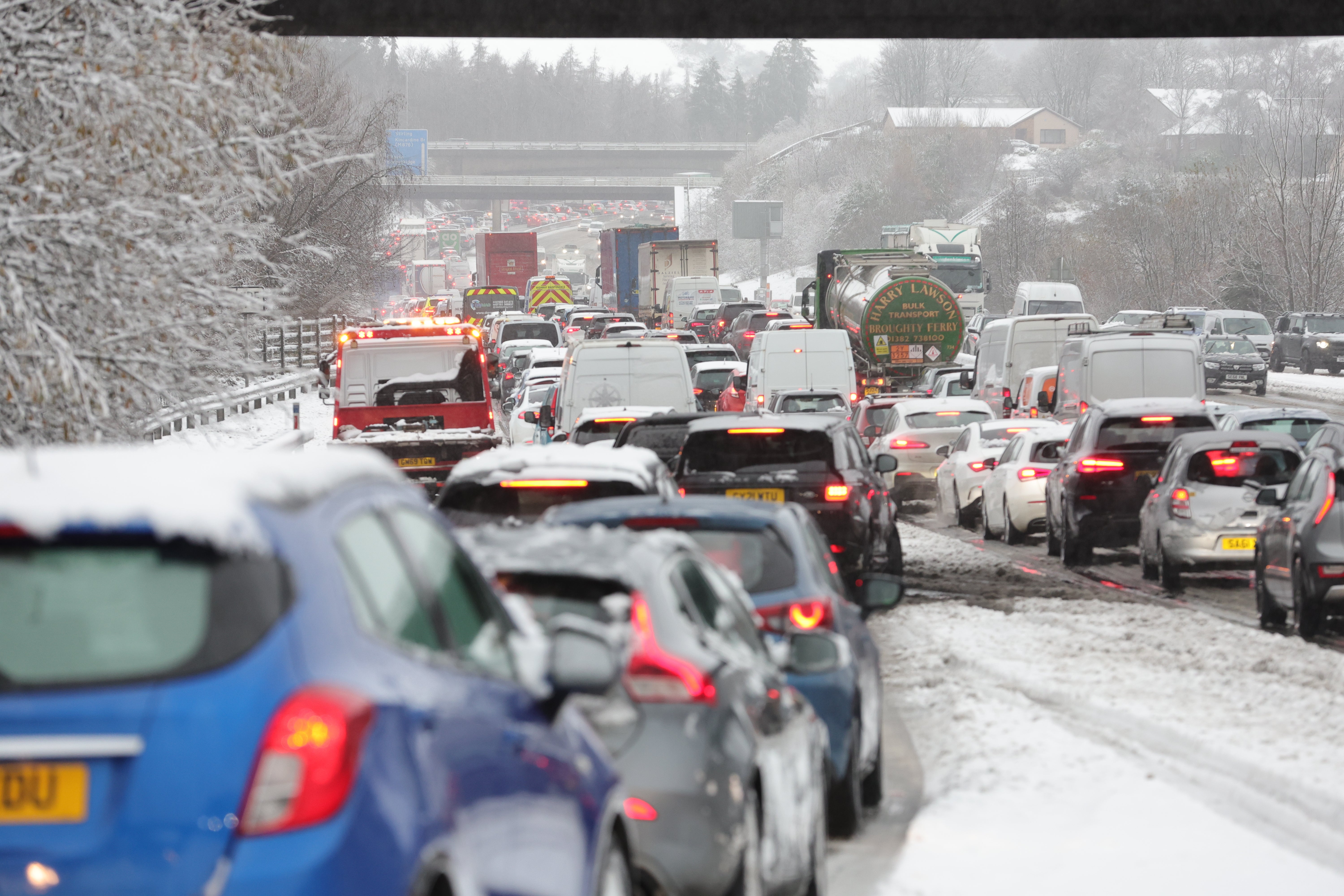 Traffic at a standstill in bad weather conditions on the M80 near Castlecary, North Lanarkshire, Scotland, on Saturday