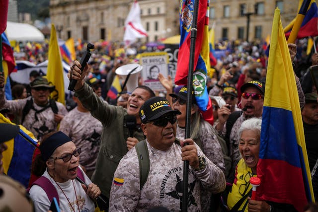 <p>Protesters march against the government of President Gustavo Petro, in Bogotá, Colombia, on Saturday, November 23, 2024</p>