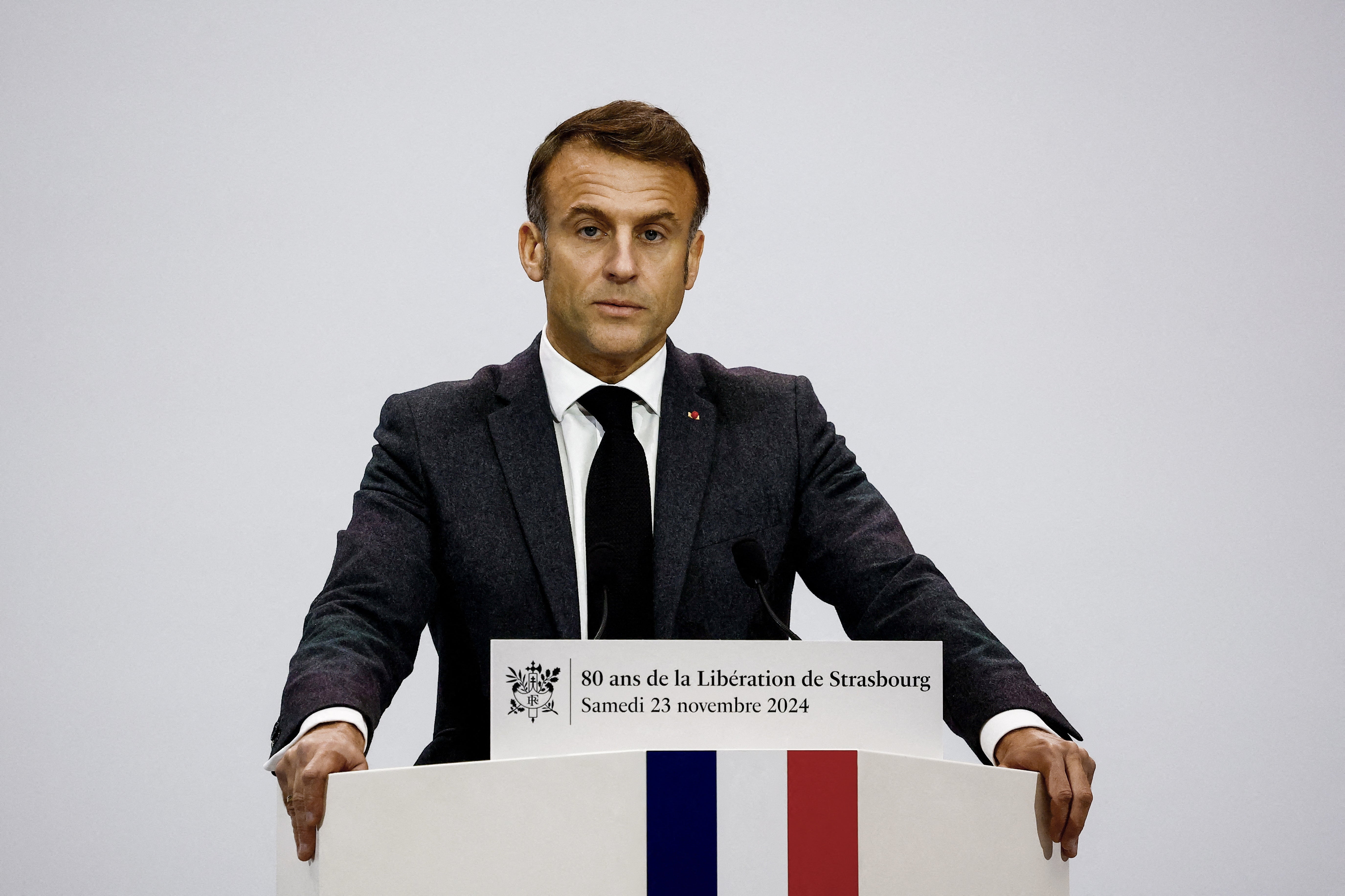 French President Emmanuel Macron delivers a speech