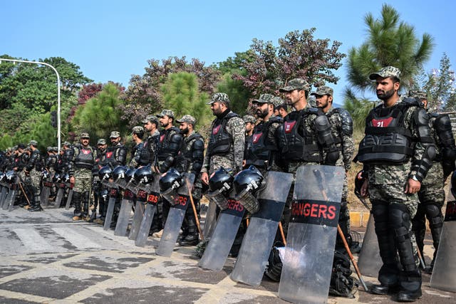 <p>Paramilitary soldiers stand guard ahead of a protest rally by Imran Khan’s PTI party in Islamabad, Pakistan </p>