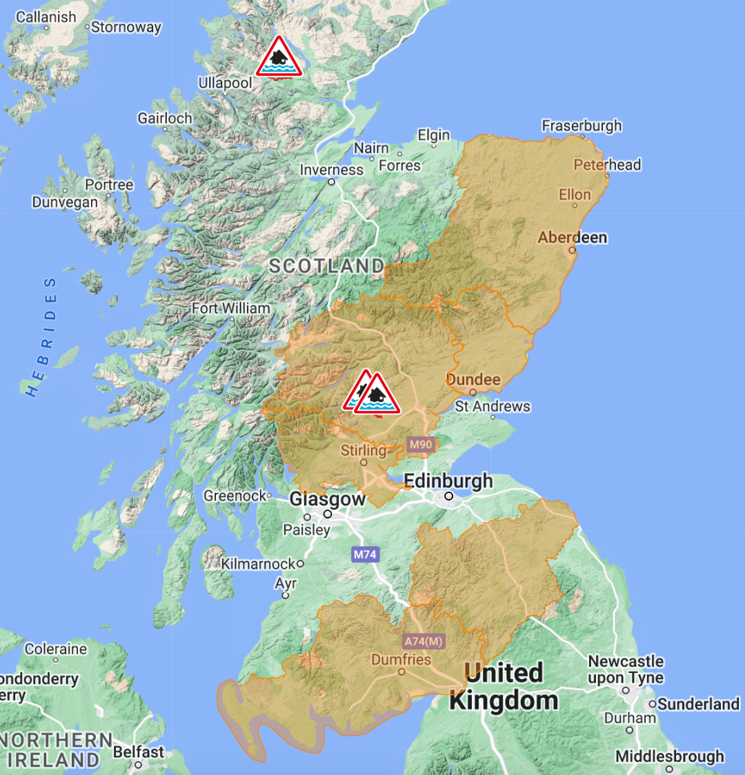 Scotland is subject to four flood warnings (red) and six alerts (orange)