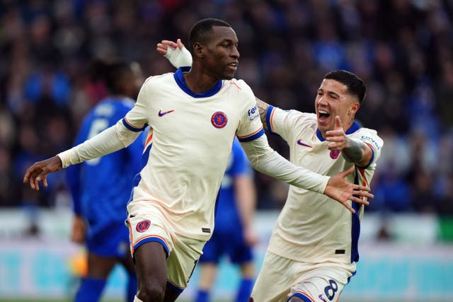 Chelsea’s Nicolas Jackson celebrates his opener at Leicester (Bradley Collyer/PA).