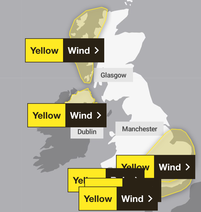 The Met Office weather warnings in force as of 10:30am on Sunday