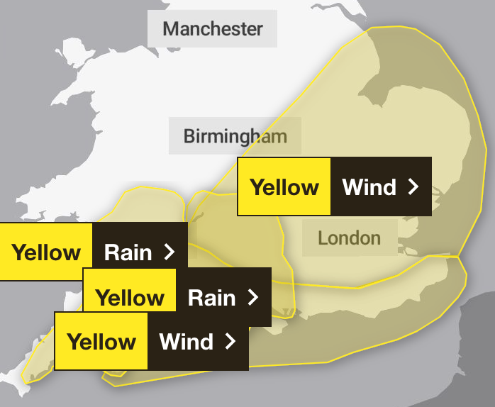 Four weather warnings were in force in southern parts of Britain on Sunday morning