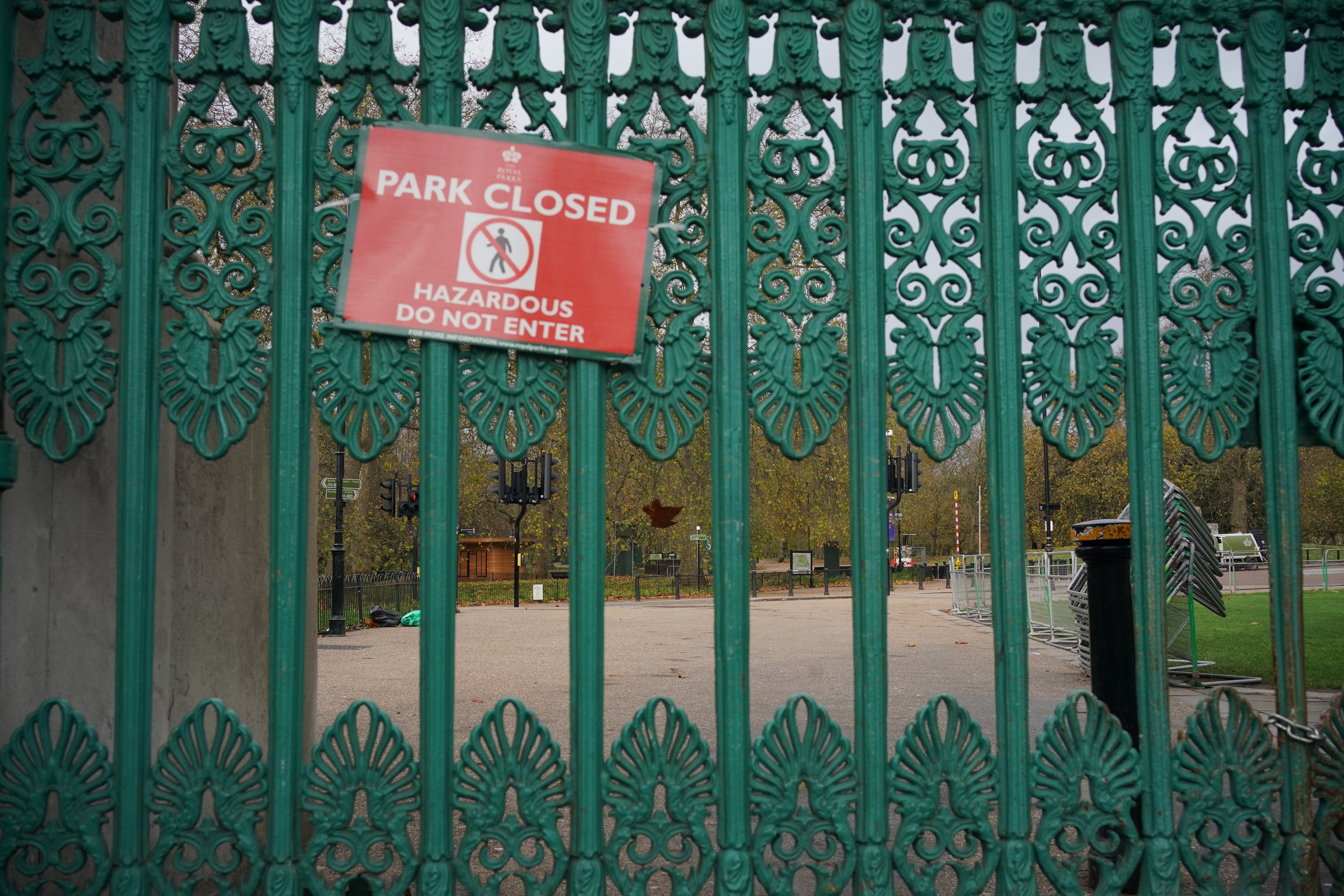 Locked gates at Hyde Park in London which has been closed to the public during Storm Bert