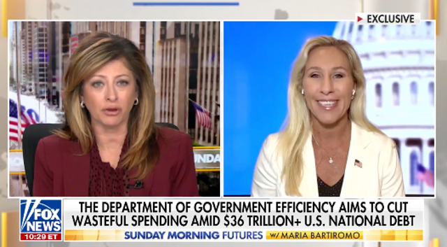 <p>Georgia Rep Majorie Taylor Greene is interviewed by Maria Bartiromo on ‘Sunday Morning Futures’ on Fox News on November 24, 2024</p>