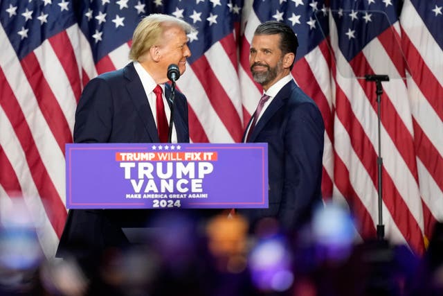 <p>President-elect Donald Trump and his son Donald Trump Jr at the election night watch party in Florida. Don Jr has emerged as the biggest familial influence during the transition </p>