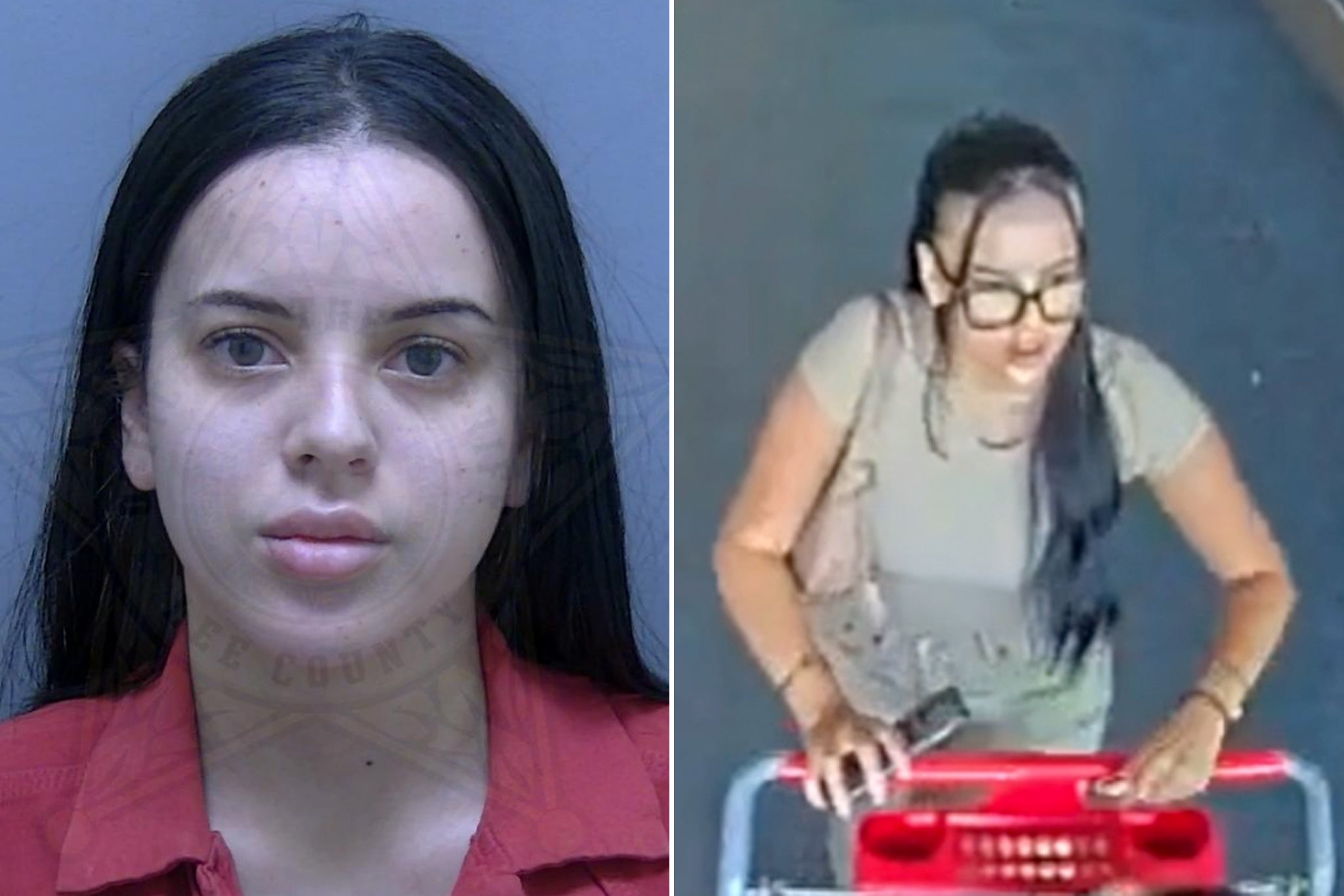 Marlena Velez (left in mugshot and right allegedly seen in surveillance footage in the store) is accused of stealing over $500 of goods from a Target in Florida