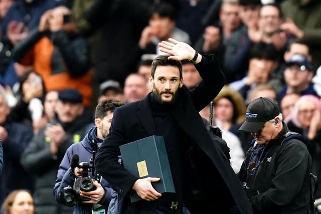 Hugo Lloris during a farewell presentation at Tottenham Hotspur Stadium on New Year’s Eve in 2023 (John Walton/PA)