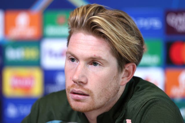 <p>Kevin De Bruyne of Manchester City speaks before the Feyenoord match</p>