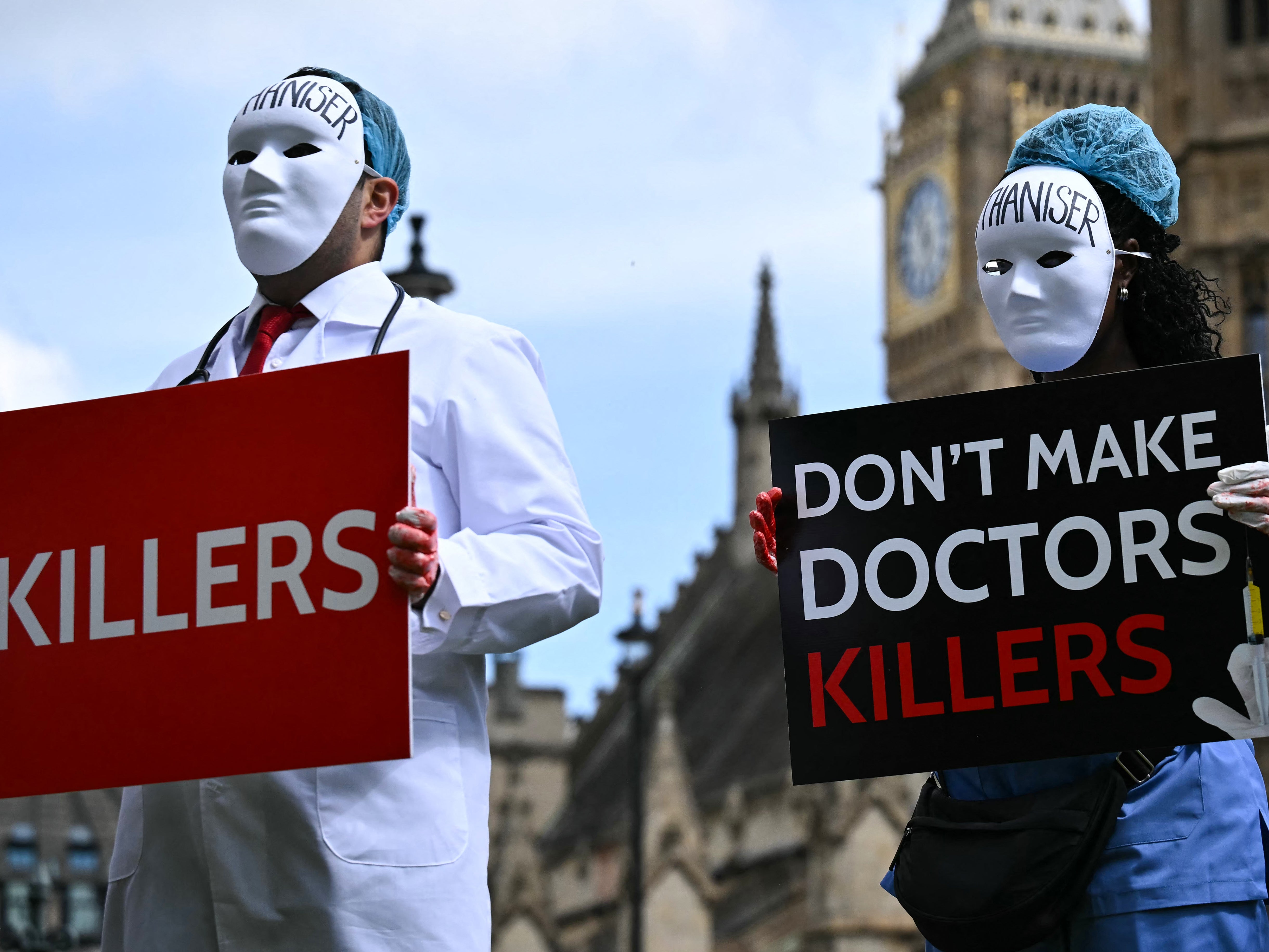 Disability campaigners from Distant Voices and Not Dead, a group against assisted suicide, outside Westminster Hall in April