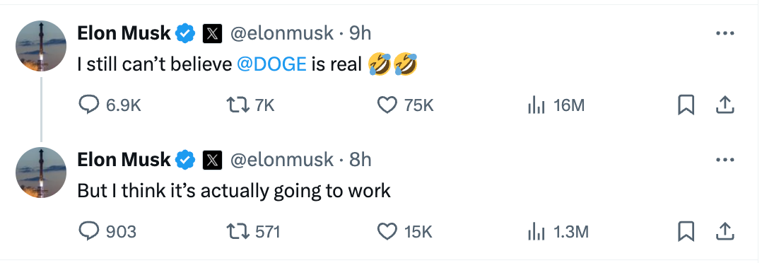 Elon Musk shared his own disbelief about DOGE in a post on X