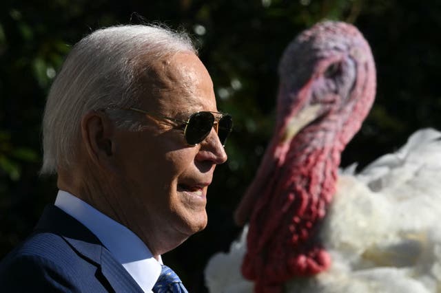 <p>Joe Biden was carried out his final Thanksgiving turkey pardoning on the South Lawn of the White House on Monday, where he pardoned tow birds named Peach and Blossom </p>