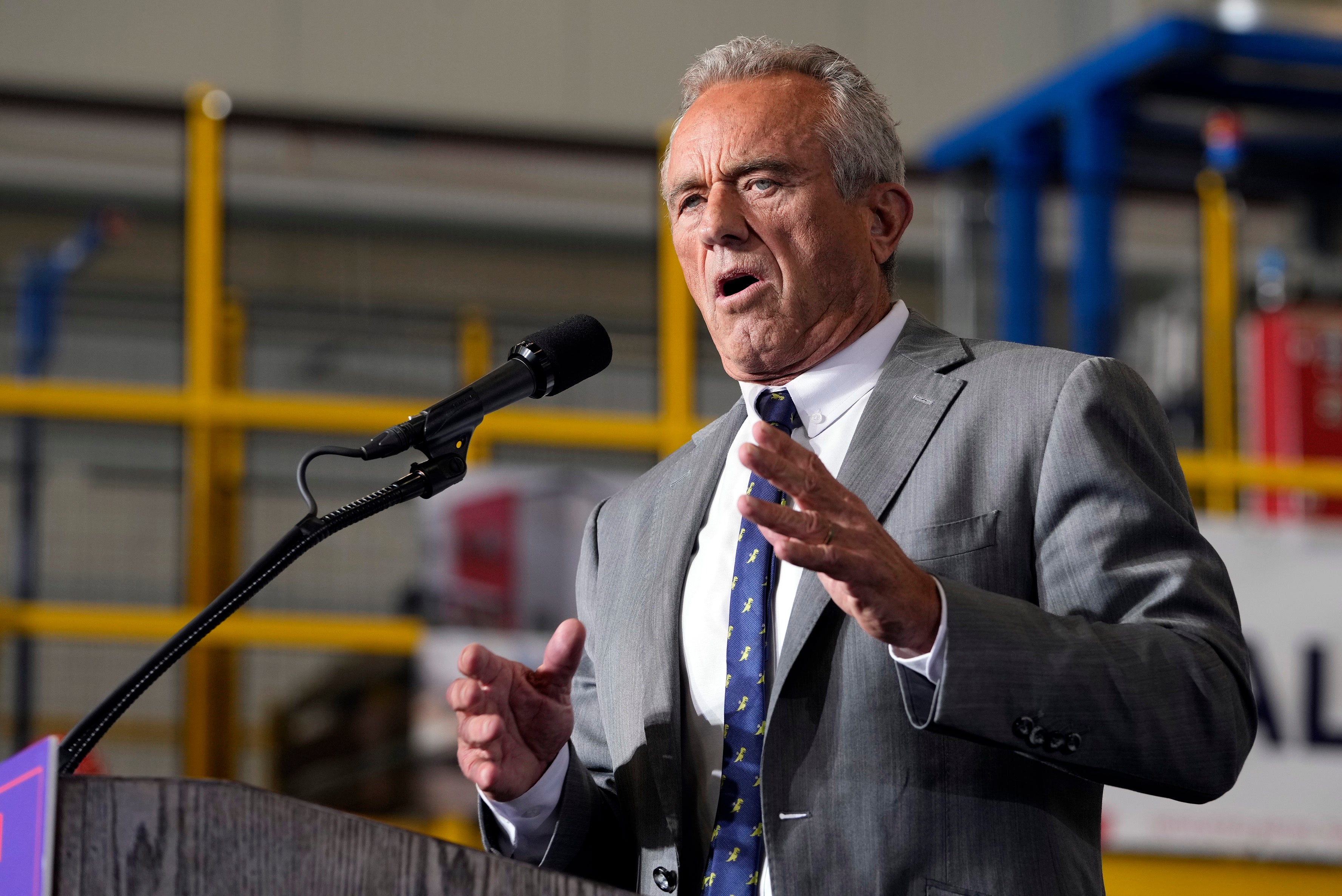 Robert F. Kennedy, Jr., speaks before Republican presidential nominee former President Donald Trump at a campaign event, Sept. 27, 2024 in Walker, Mich. (AP Photo/Carlos Osorio)