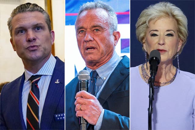 <p>Trump’s picks of Pete Hegseth, Robert F Kennedy Jr and Linda McMahon will face a grilling at the Senate hearings (L-R) </p>