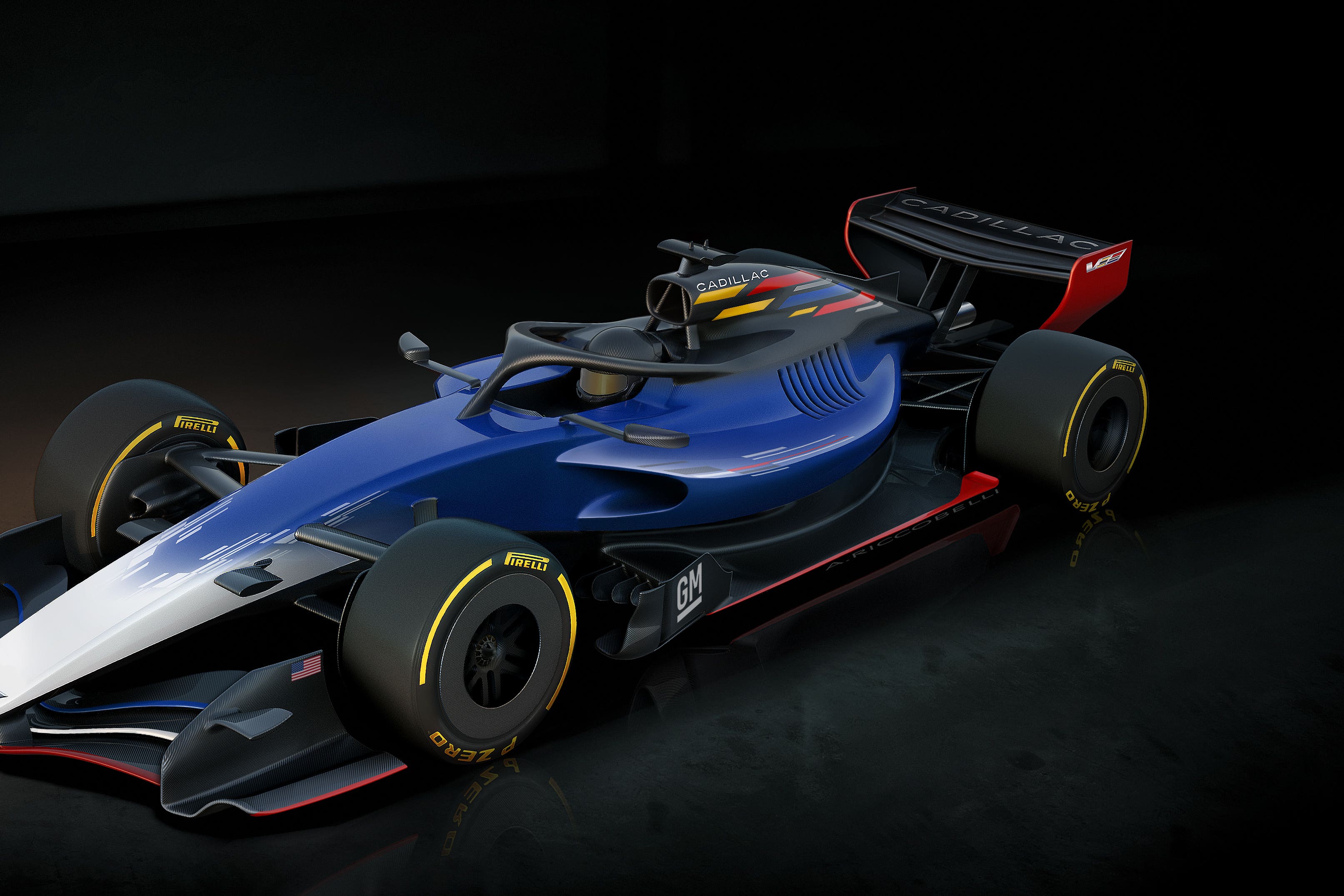 The GM design version of the conceptual theme of the Cadillac F1 team pays tribute to the American Heritage of the Trademark