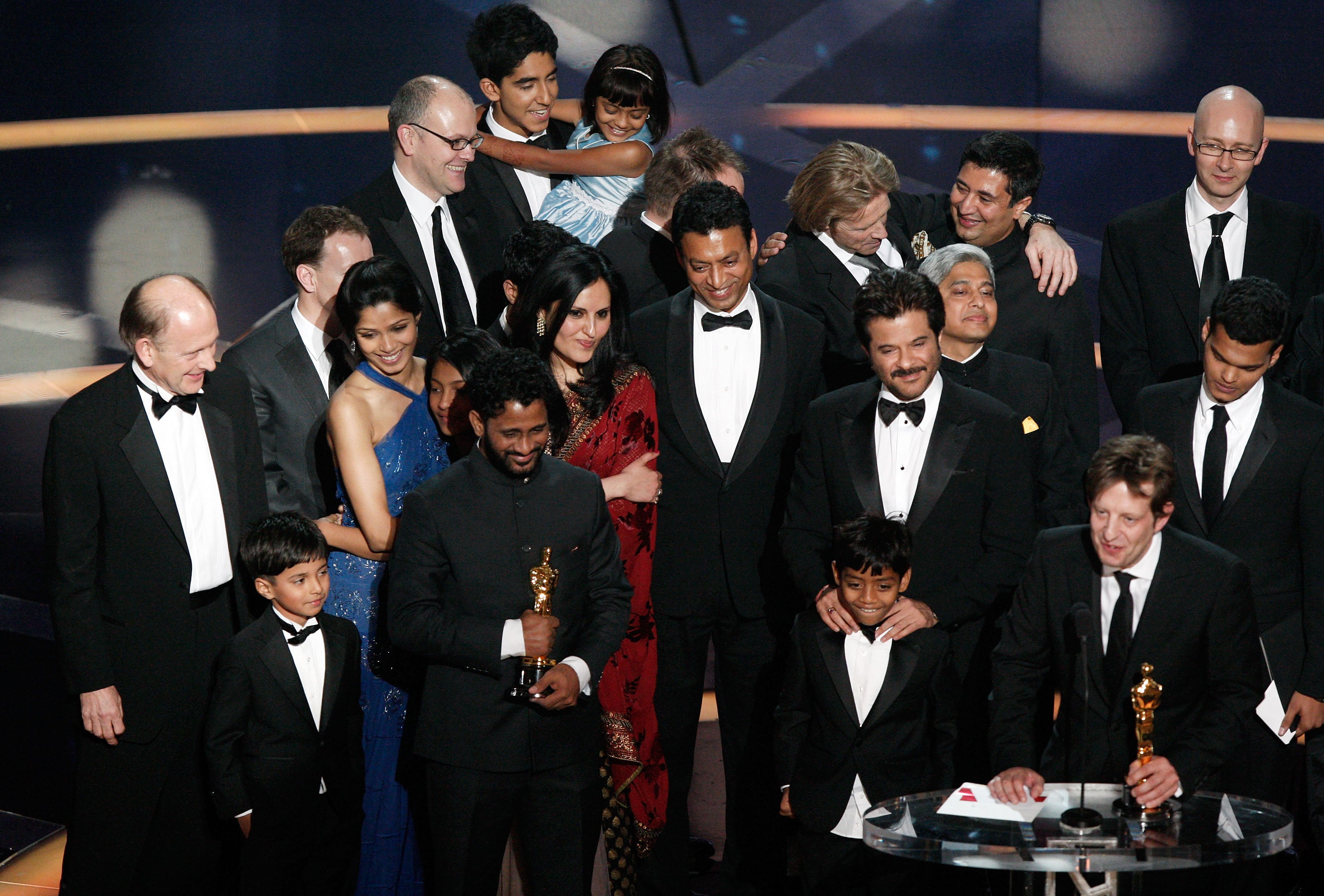 The cast and crew celebrate winning the Best Picture award for Slumdog Millionaire during the 81st Annual Academy Awards