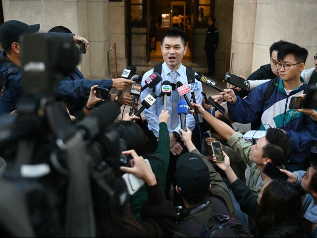 <p>Plaintiff Nick Infinger speaks to media about latest ruling on same-sex couples outside Court of Final Appeal in Hong Kong on 26 November 2024</p>