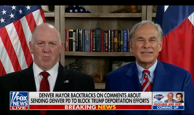 <p>Trump’s border czar pick Tom Homan says he’s willing to put the Denver mayor in jail for resisting mass deportations while sitting next to Governor Greg Abbott (right) on Fox News</p>