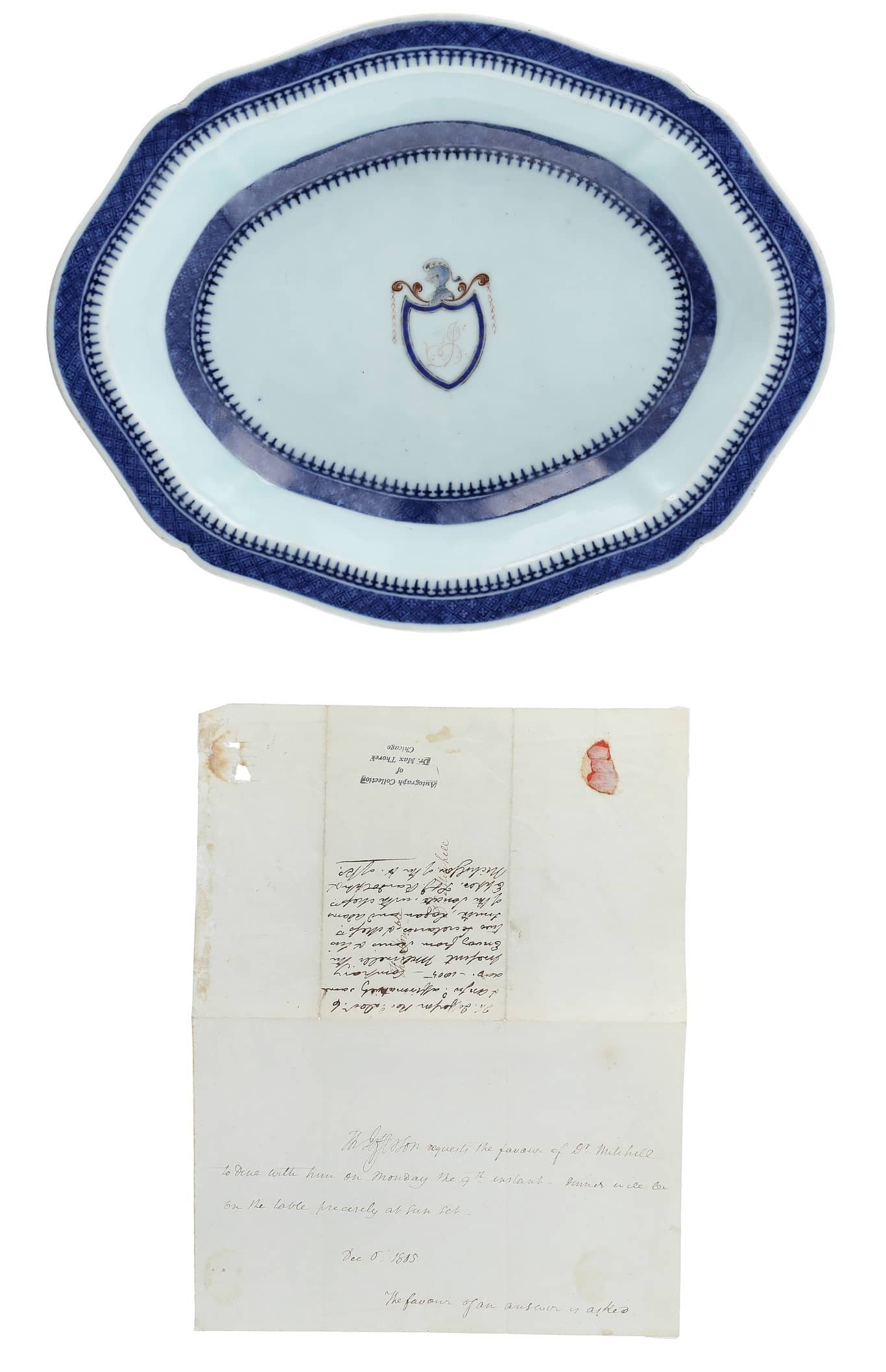 A dinner invitation signed by Thomas Jefferson in 1806 and his “rare export” serving bowl from China