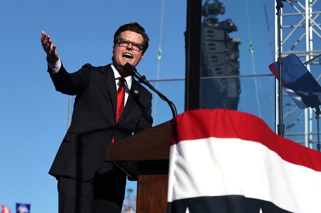 <p>U.S. Rep. Matt Gaetz (R-FL) speaks at a campaign rally for Republican presidential nominee, former U.S. President Donald Trump on October 12, 2024 in Coachella, California</p>