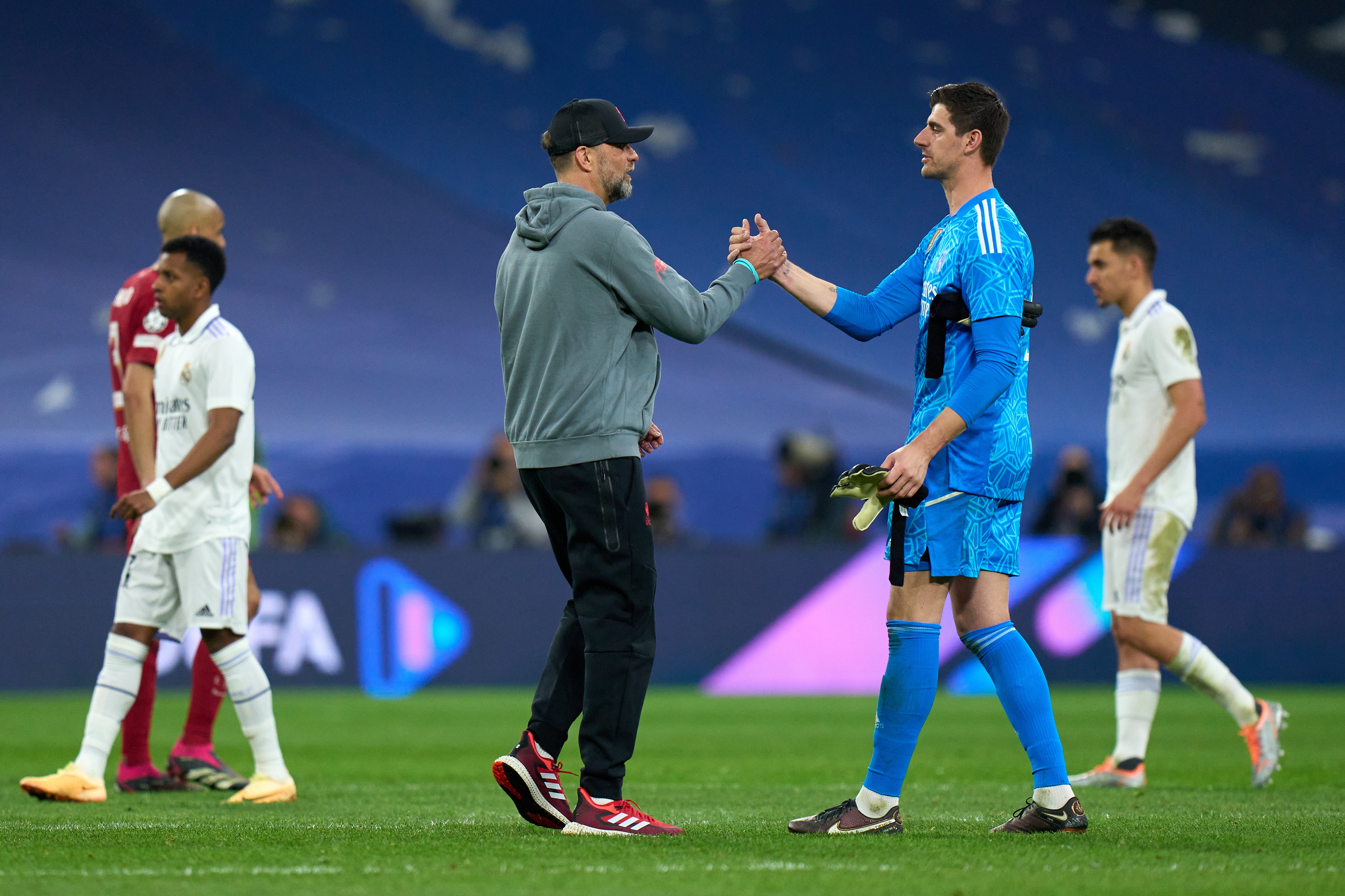 Jurgen Klopp shakes hands with Thibaut Courtois after the second leg of the last 16 tie in 2023