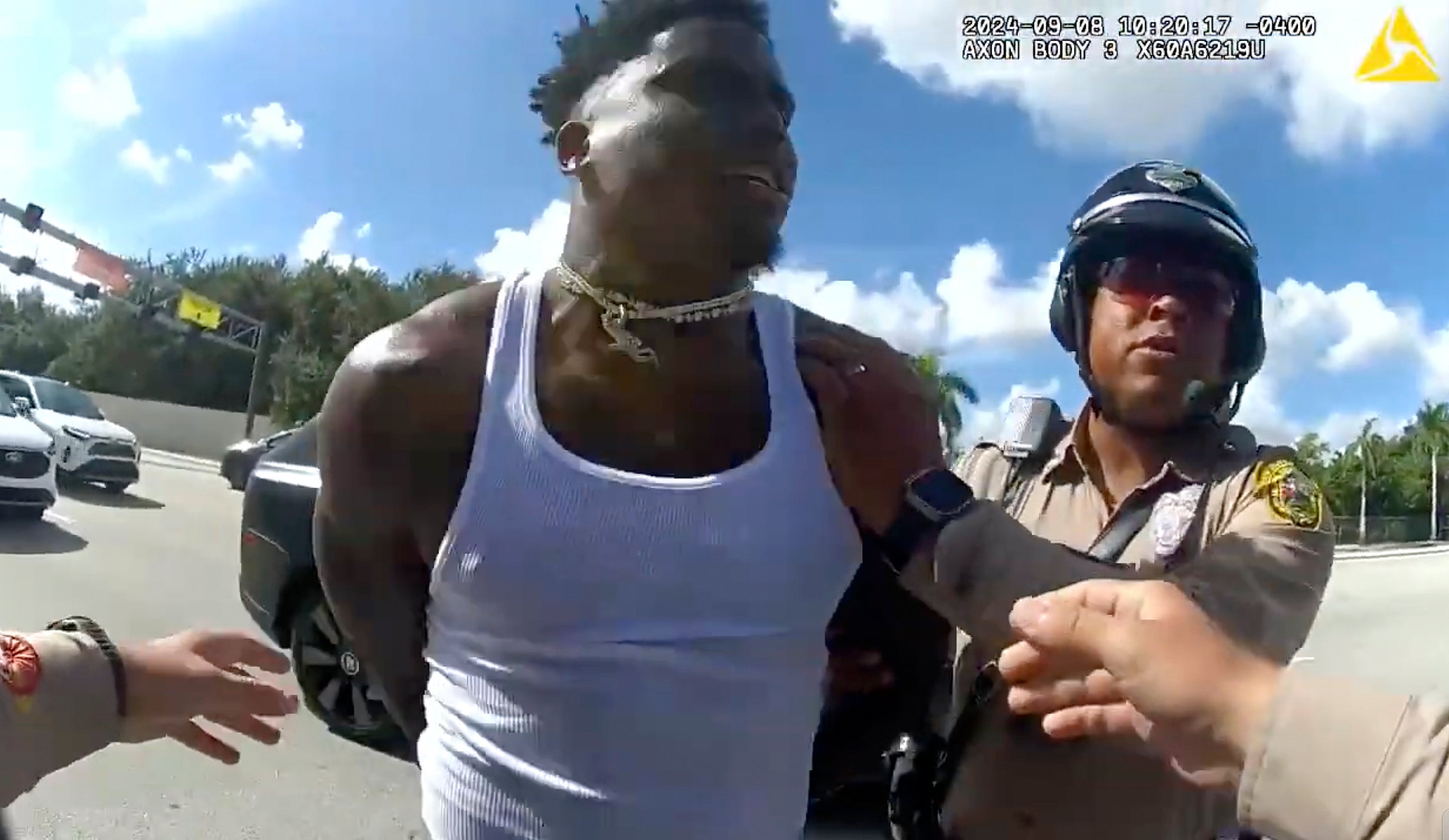 <p>Body cam image released by the Miami-Dade Police Department shows Miami Dolphins receiver Tyreek Hill being arrested during a traffic stop. </p>