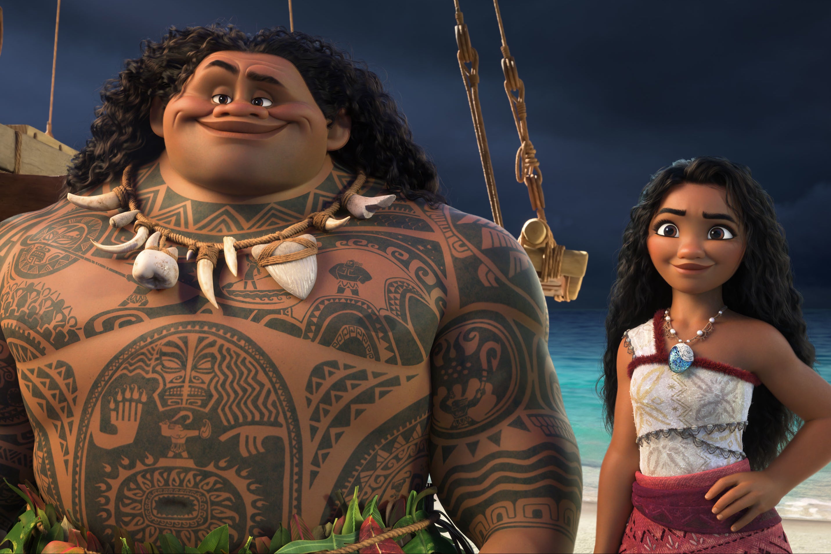 Maui (voiced by Dwanye Johnson) and Moana (Auli'i Cravalho) in 