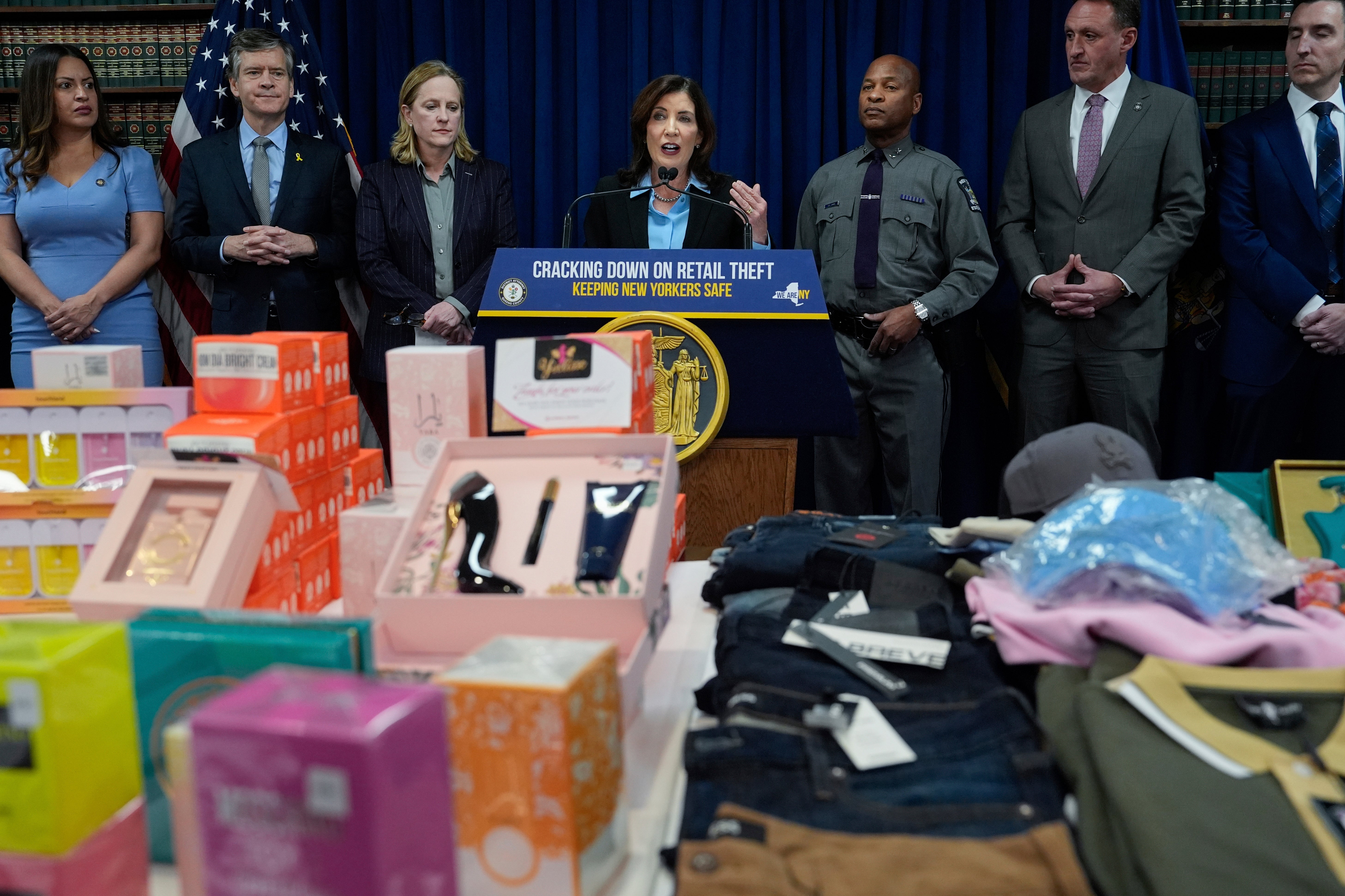 New York governor Kathy Hochul at a press conference to announce arrests over an international shoplifting ring