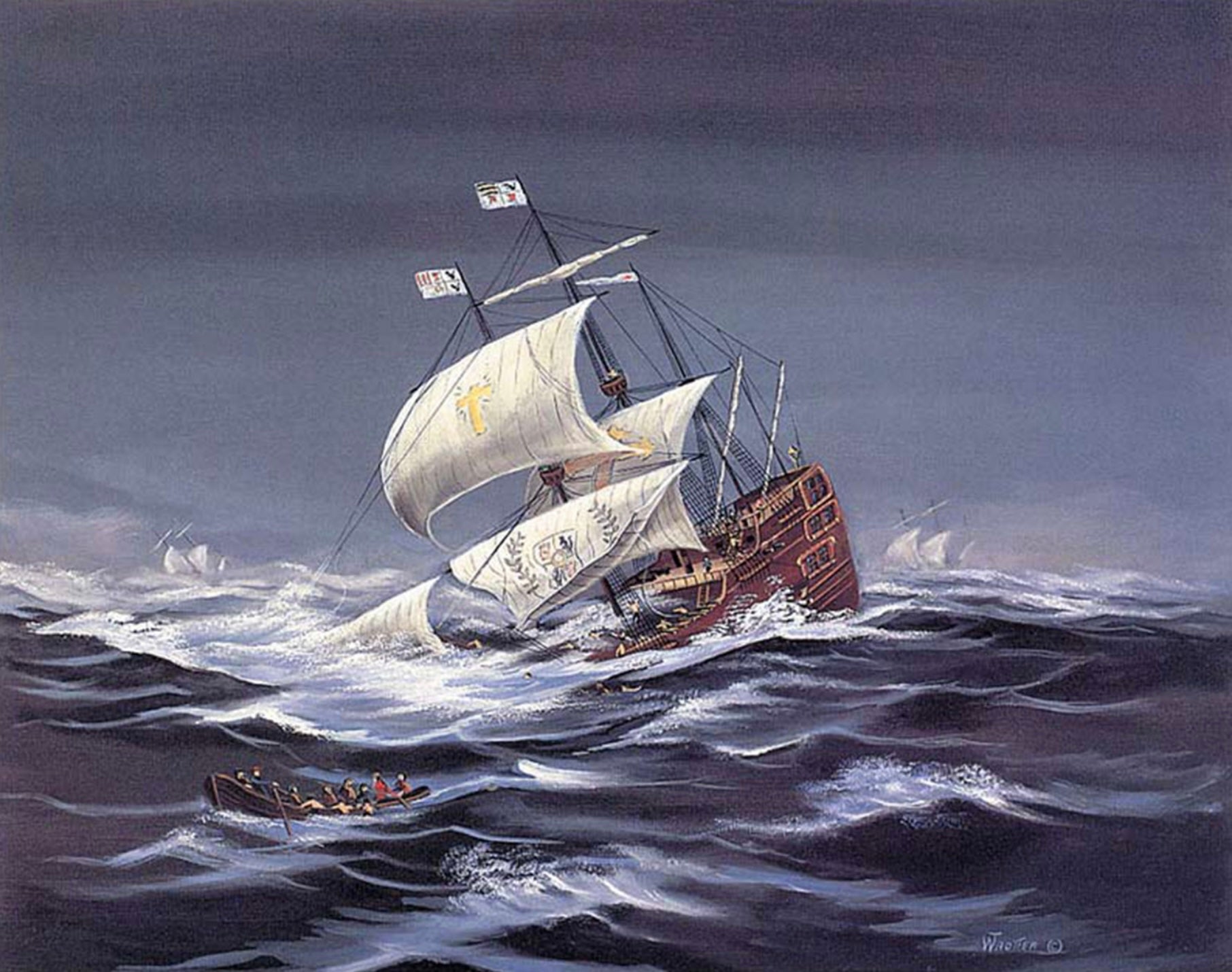 The Urca de Lima ship is seen in this painting by artist William Trotter. The ship was one of the 1715 fleet caught in a hurricane