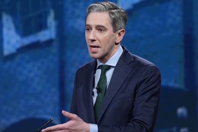 Taoiseach and Fine Gael leader Simon Harris during the final TV leaders’ debate at RTE studios in Donnybrook, Dublin (Niall Carson/PA)