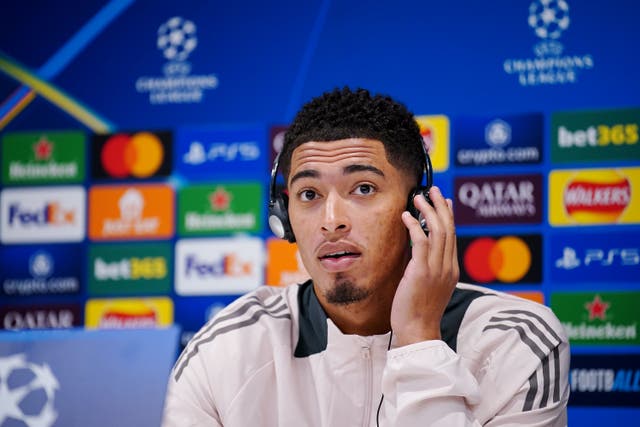 <p>Jude Bellingham speaks to the press before Real Madrid’s match with Liverpool</p>