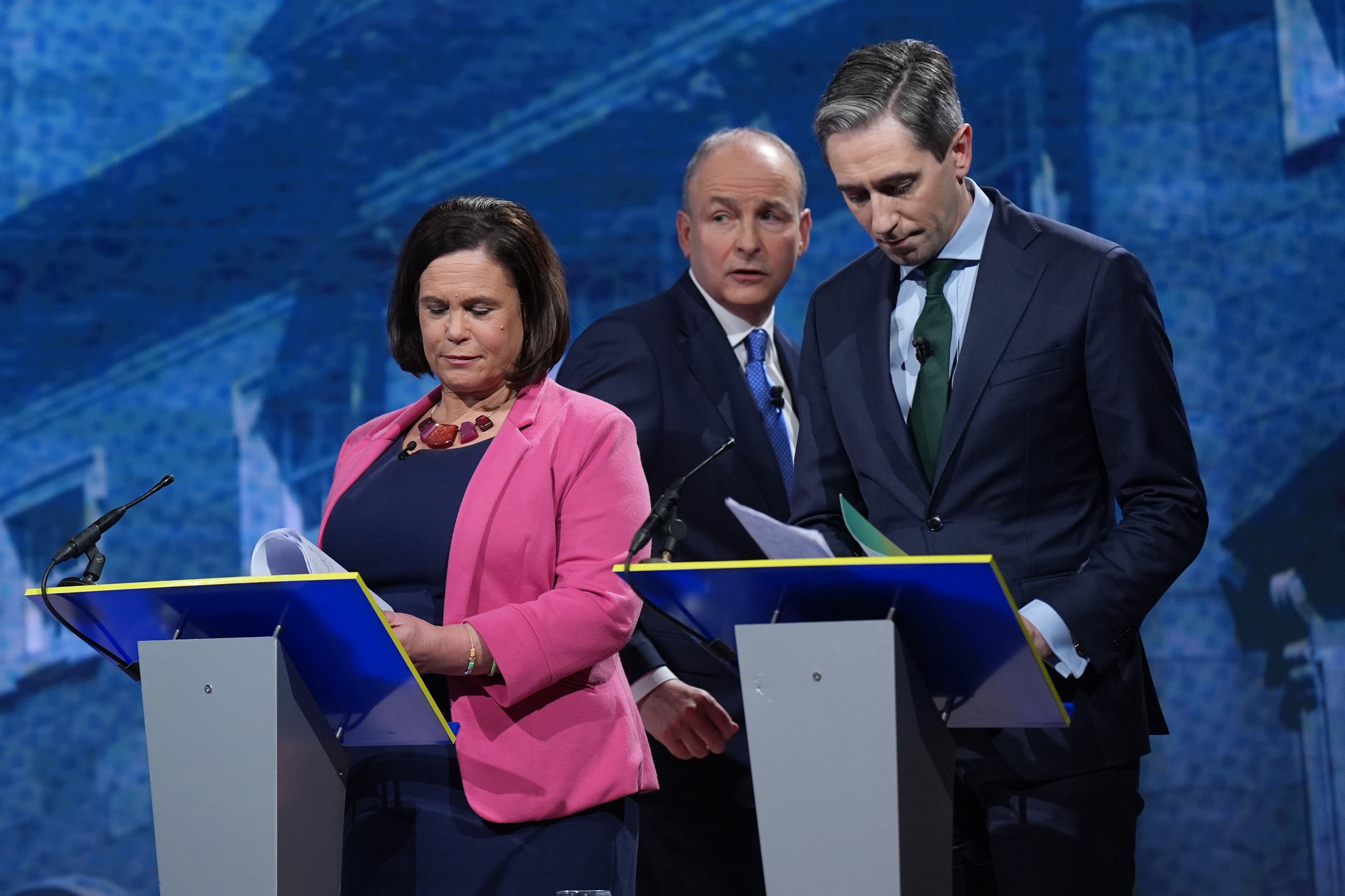 Sinn Fein leader Mary Lou McDonald, Tanaiste and Fianna Fail Leader Micheal Martin and Taoiseach and Fine Gael leader Simon Harris at the end of the final TV leaders’ debate, at RTE studios (Niall Carson/PA)