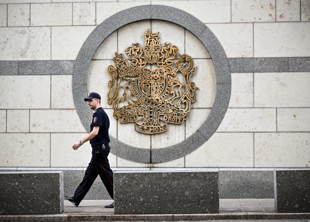 <p>A Russian police officer outside the British embassy in Moscow in late 2024</p>