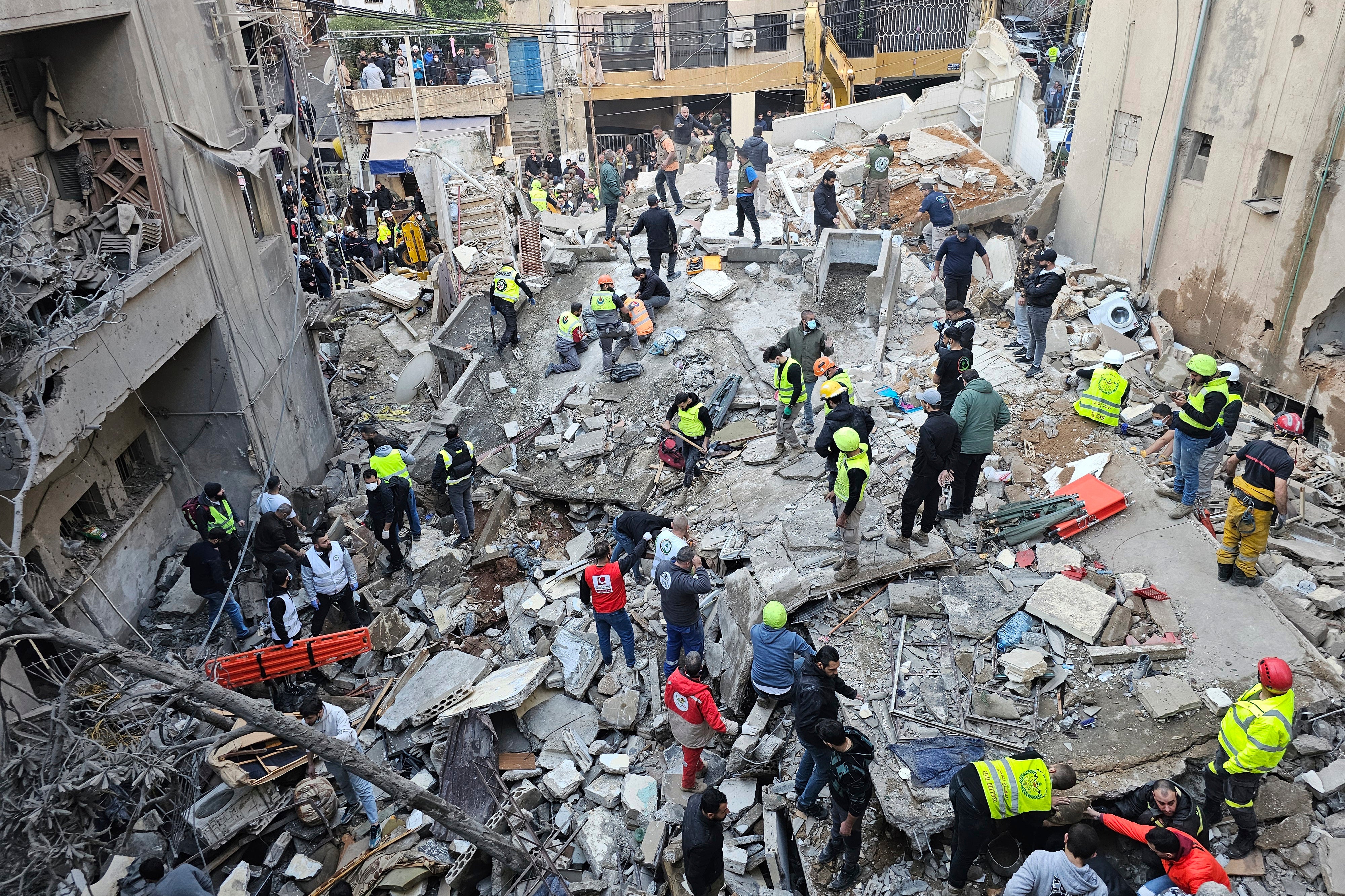 Rescuers in the Beirut rubble after an Israeli airstrike