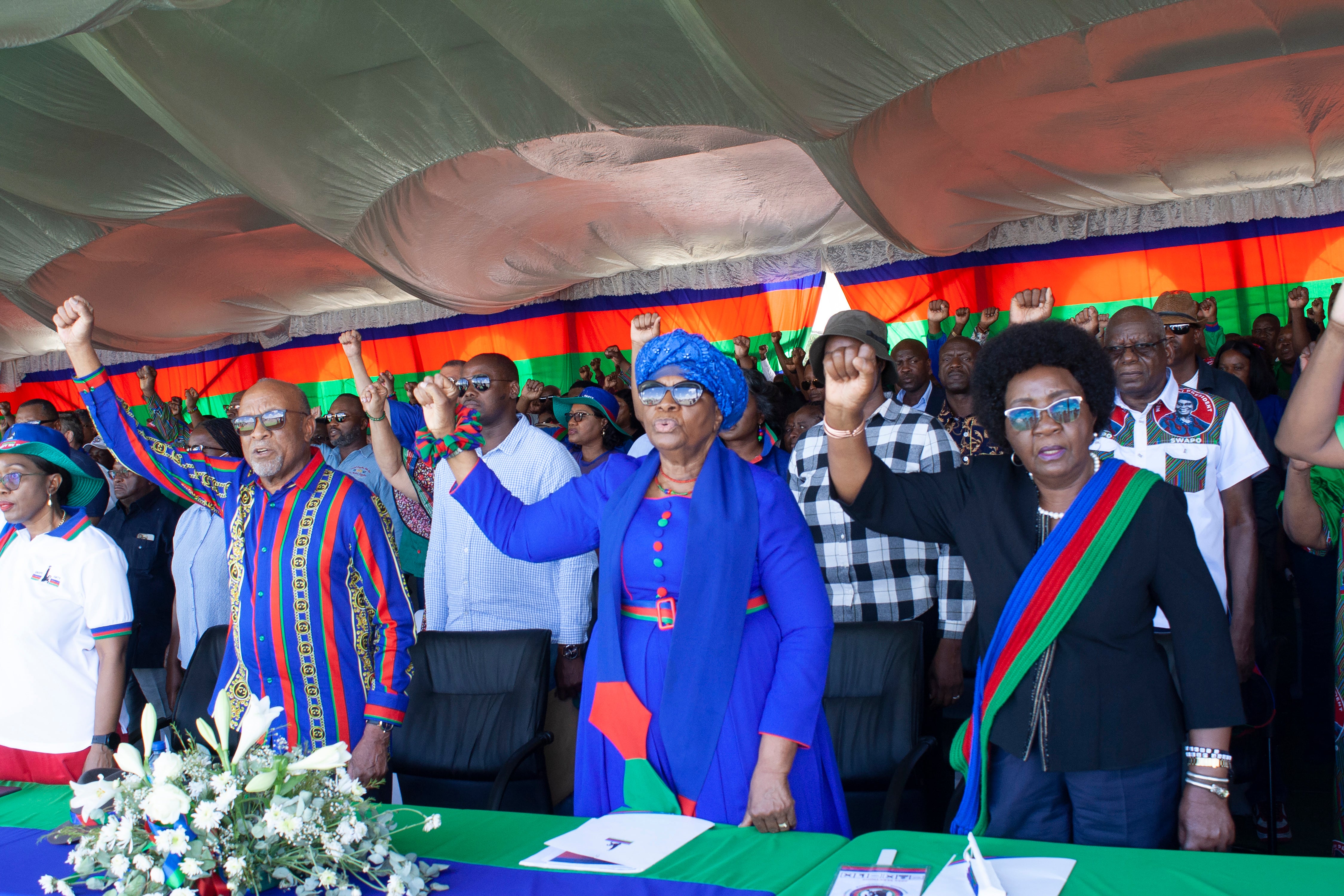 Namibia's vice president Netumbo Nandi-Ndaitwah, center, of the ruling South West Africa People's Organization attends an election rally in Windhoek