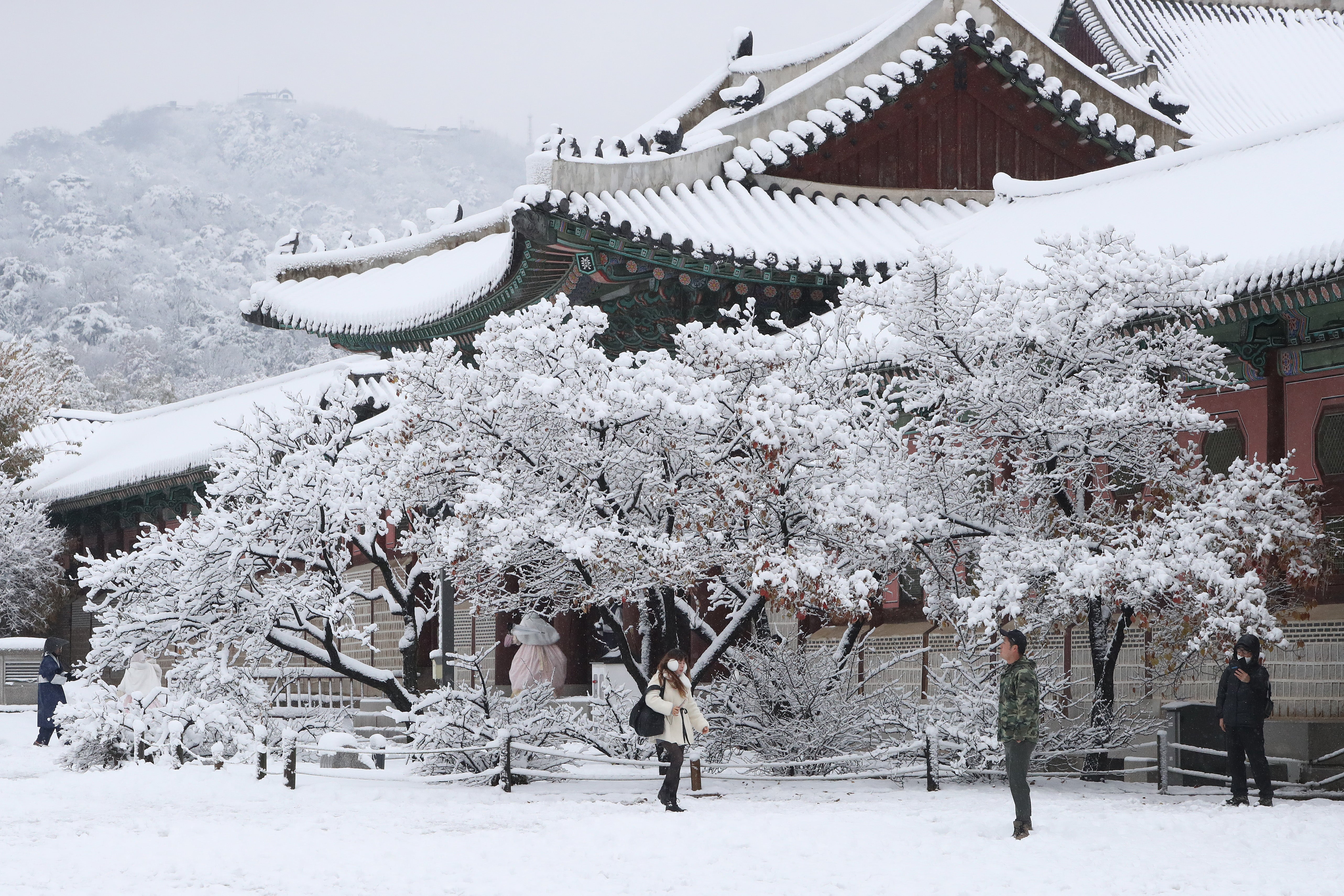 <p>People walk in the record-setting snowfall seen in Seoul </p>